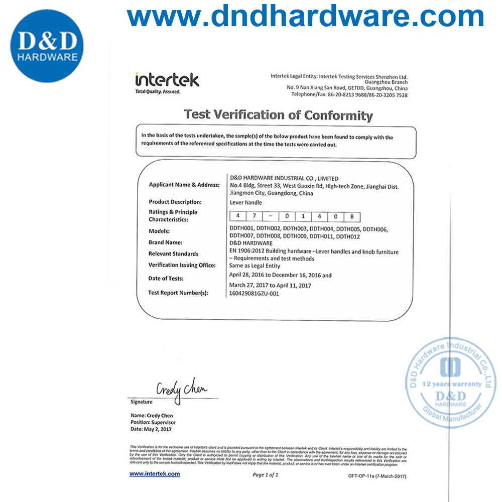 Certification du mat&eacute;riel Handle-D & D; D