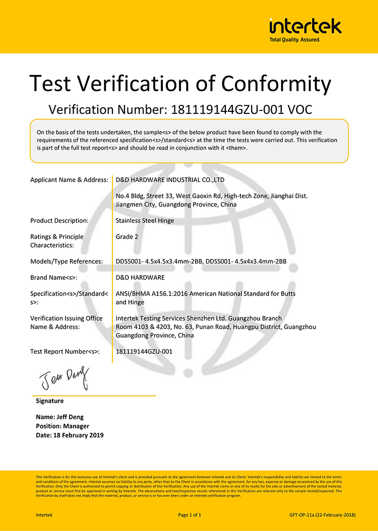 D & D Hardware- ANSI Certificat de charni&egrave;re de la porte de la cat&eacute;gorie 2