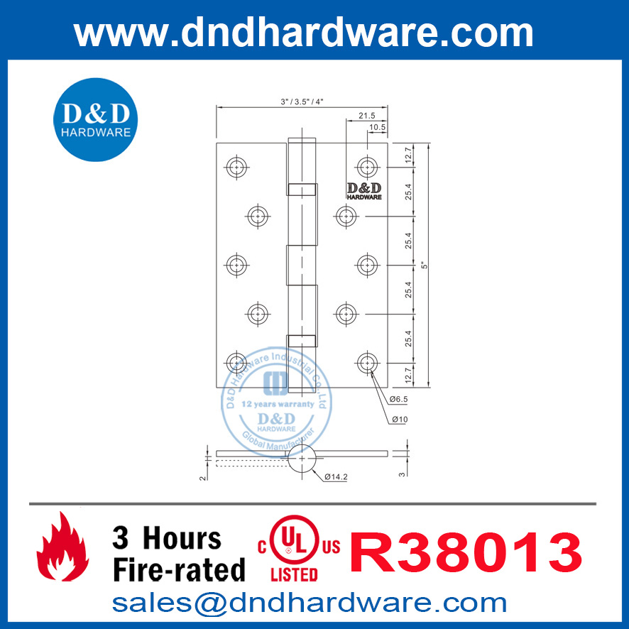 UL répertorié 304 Hinges de porte intérieure en acier inoxydable à charnière pour Home-DDSS005-FR-5X3.5x3.0