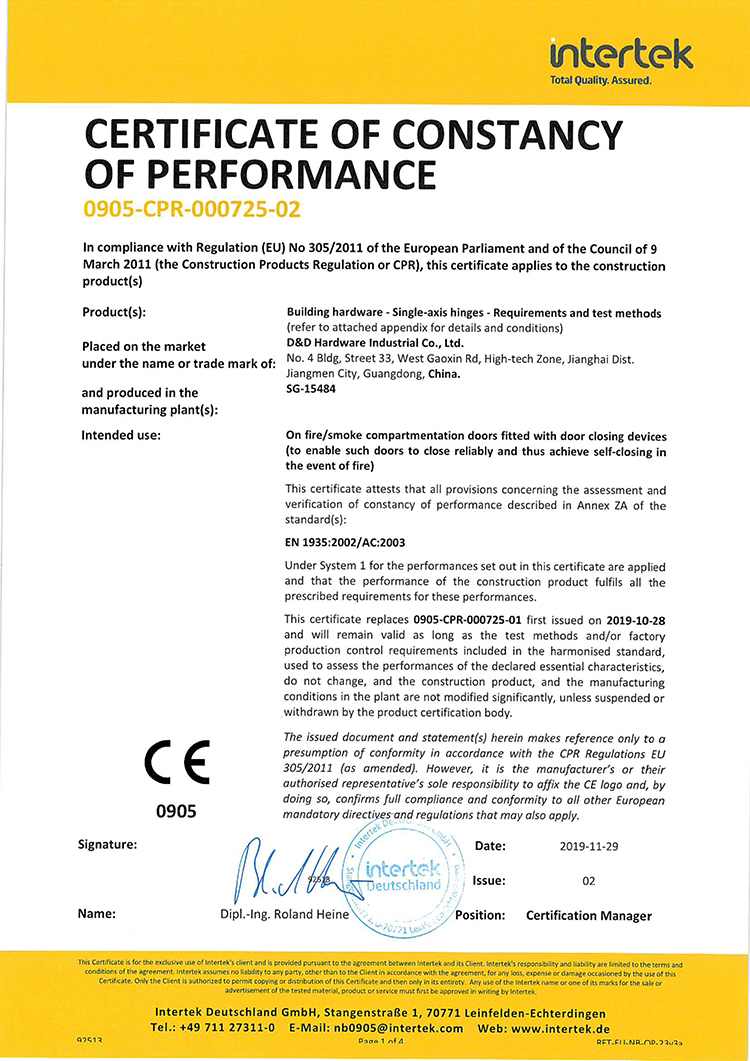 Charni&egrave;re CE Certificat-D & D Hardware